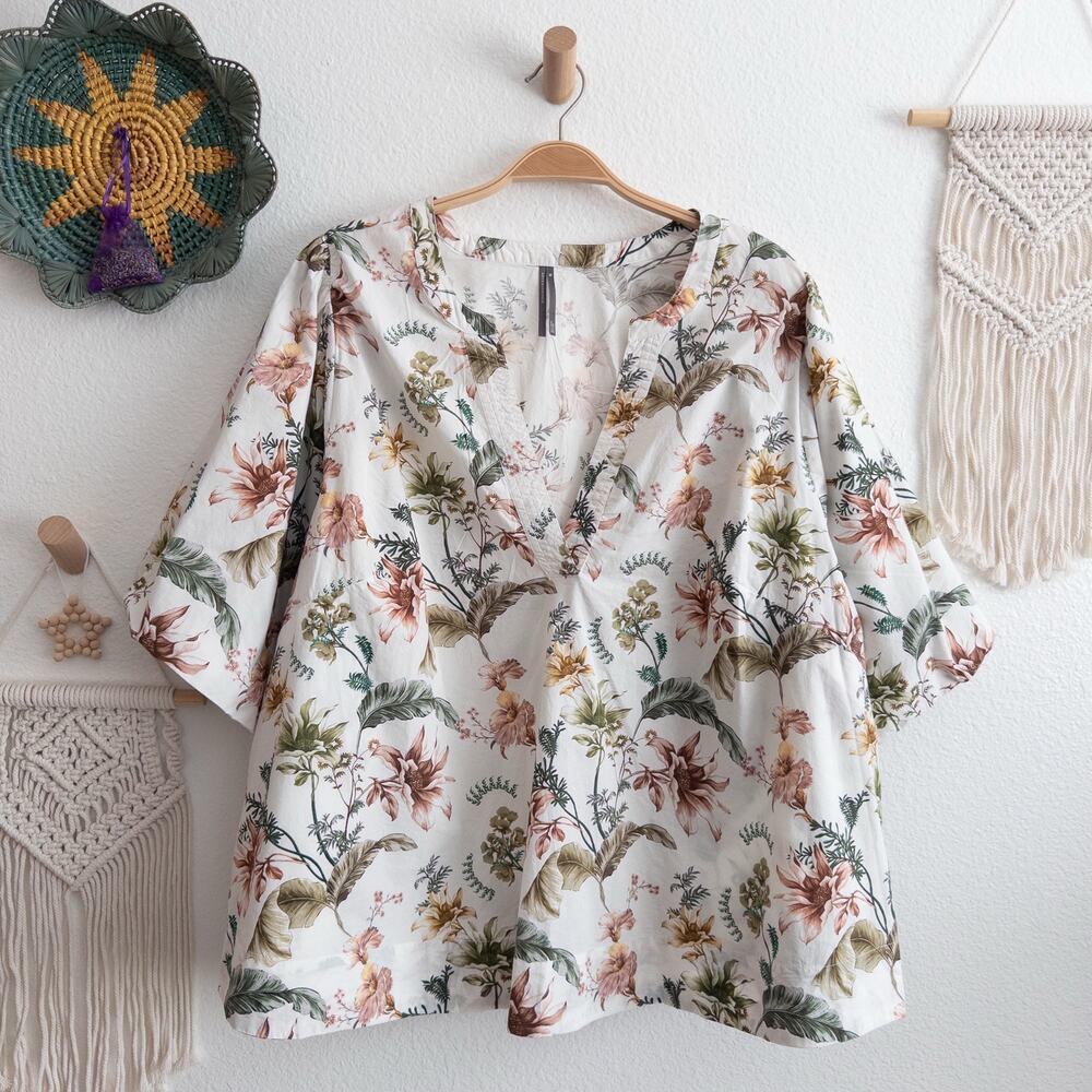 Anthropologie White Botanical Print V-Neck Puff Sleeves Size Plus 3X - Picture 2 of 9